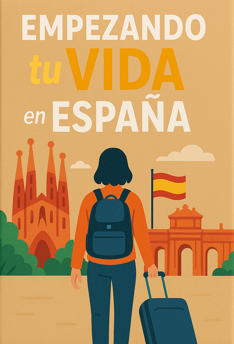 Estudiante de espaldas con mochila y maleta frente a la Sagrada Familia y el Arco de Triunfo, símbolos de Barcelona, junto a una bandera de España. Ilustración que representa el inicio de una nueva vida en el país.