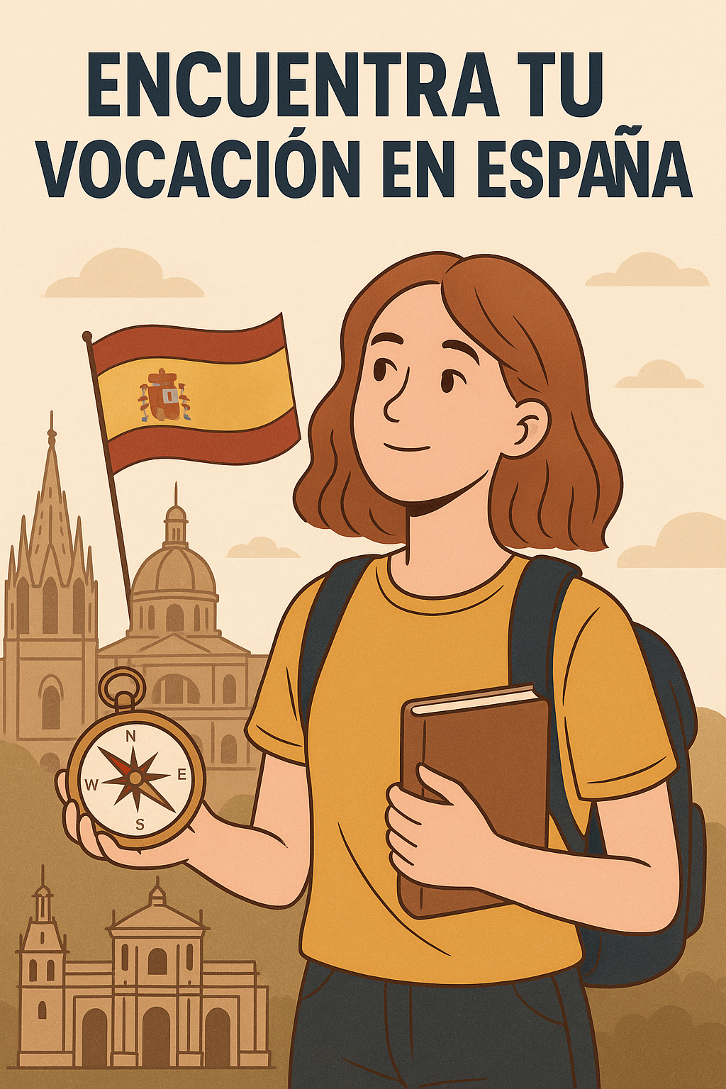 Estudiante de espaldas con mochila y maleta frente a la Sagrada Familia y el Arco de Triunfo, símbolos de Barcelona, junto a una bandera de España. Ilustración que representa el inicio de una nueva vida en el país.