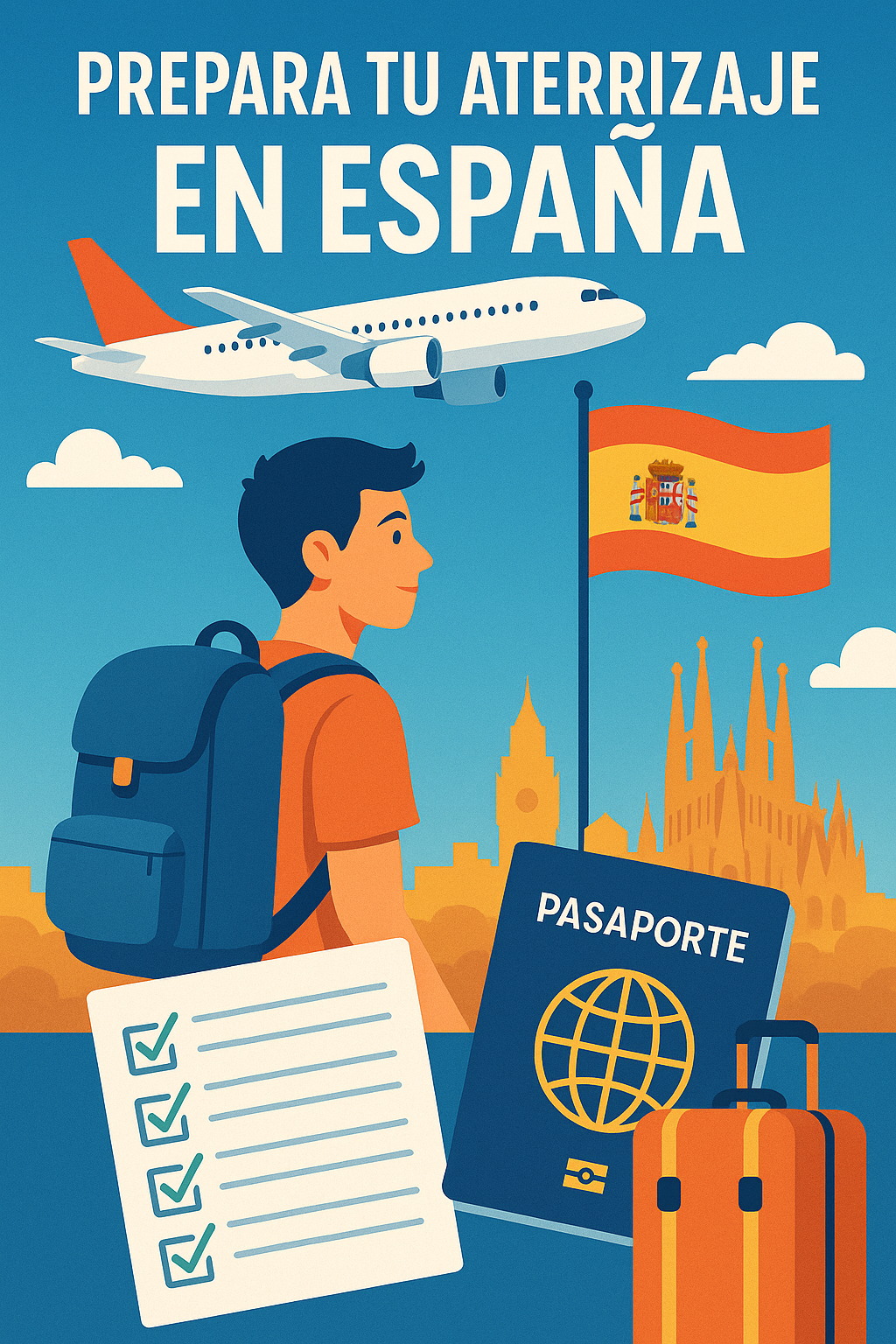 Joven con mochila, pasaporte, maleta y lista de verificación, frente a una bandera de España y la Sagrada Familia, con un avión volando en el cielo. Ilustración sobre planificación del viaje y visado para estudiar en España.